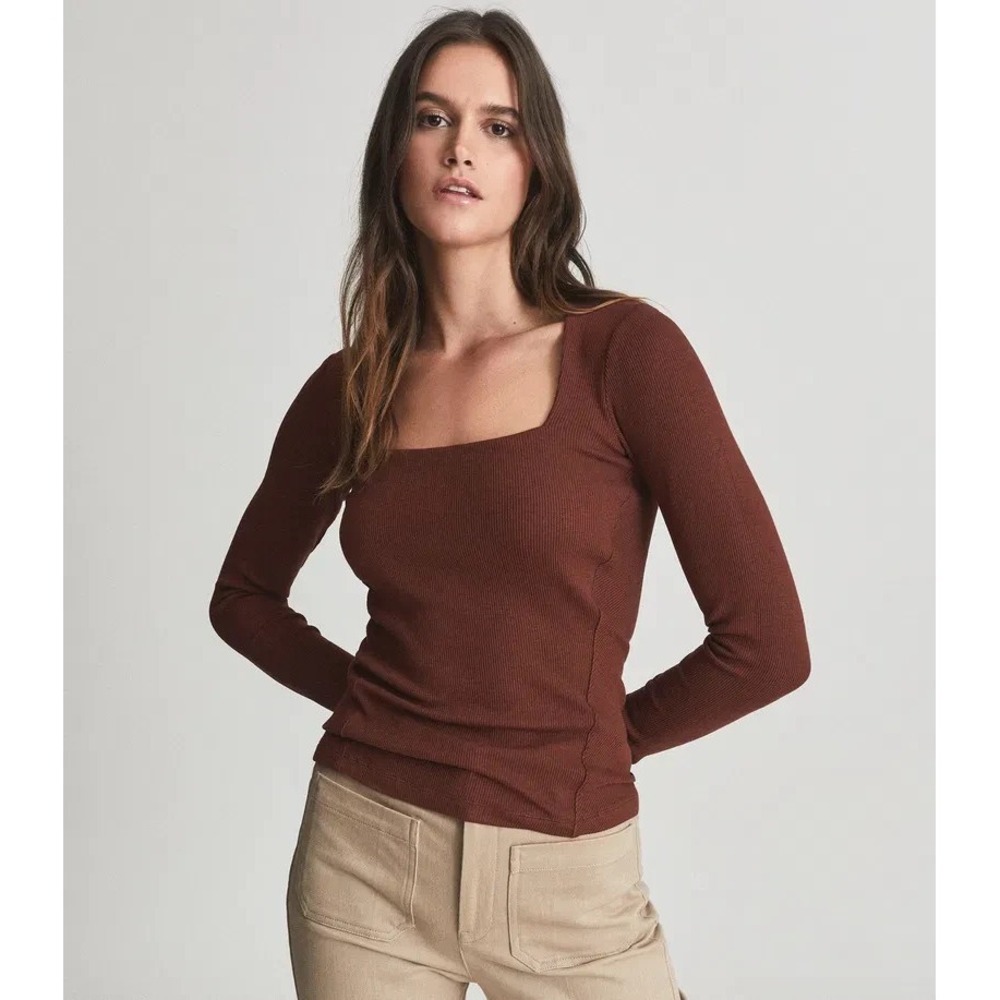 REISS Dalia Wome's Top L Brown Long Sleeve Ribbed Square Neck Minimalist Luxe
